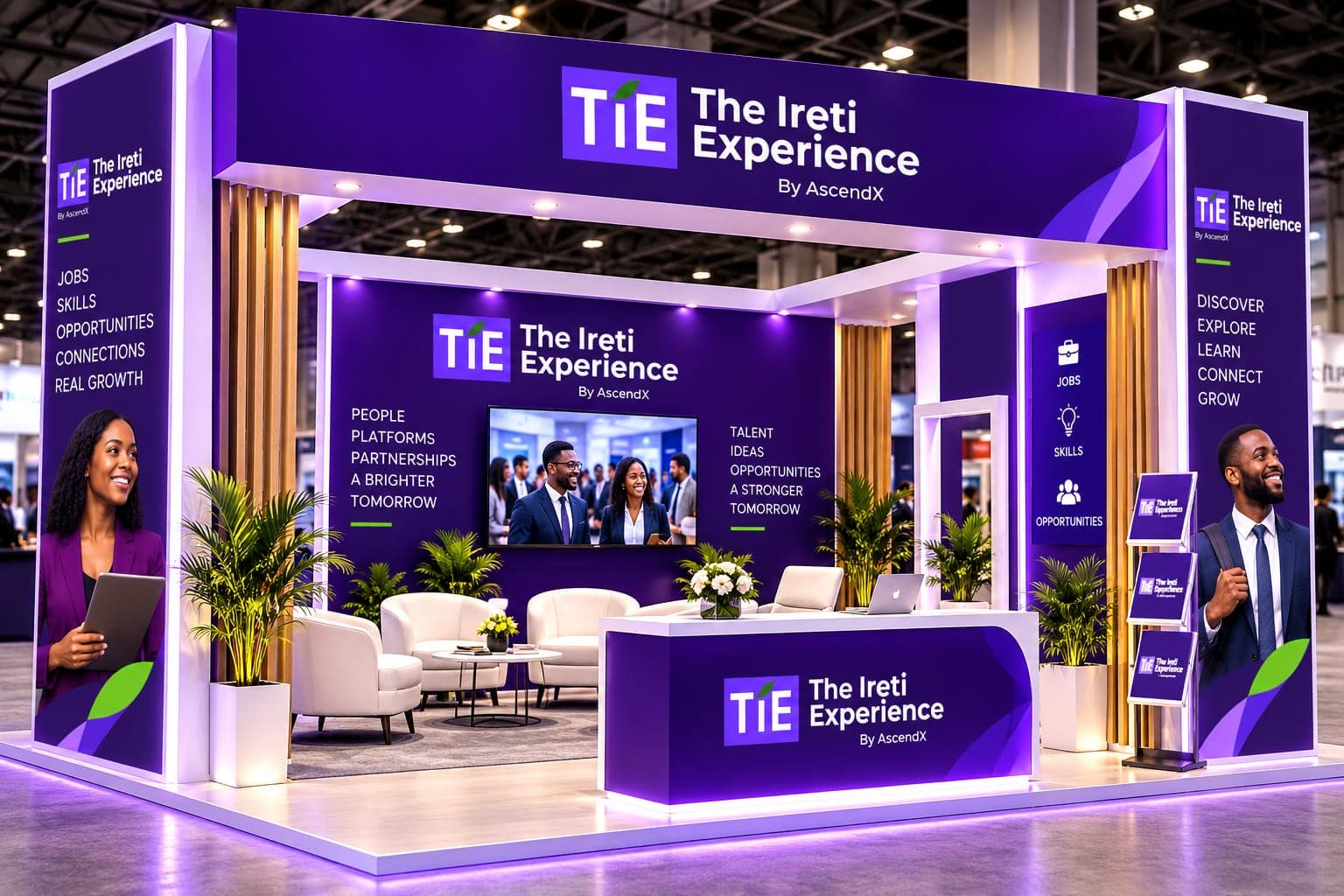 A purple The Ireti Experience exhibition booth with branded walls, lounge seating, a screen and a reception desk